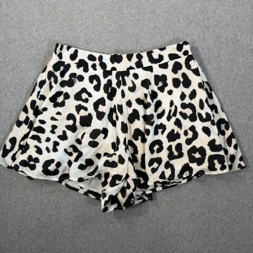 Adrienne Women's Medium Leopard Print Satin Shorts Flowy Elastic Waist Lined